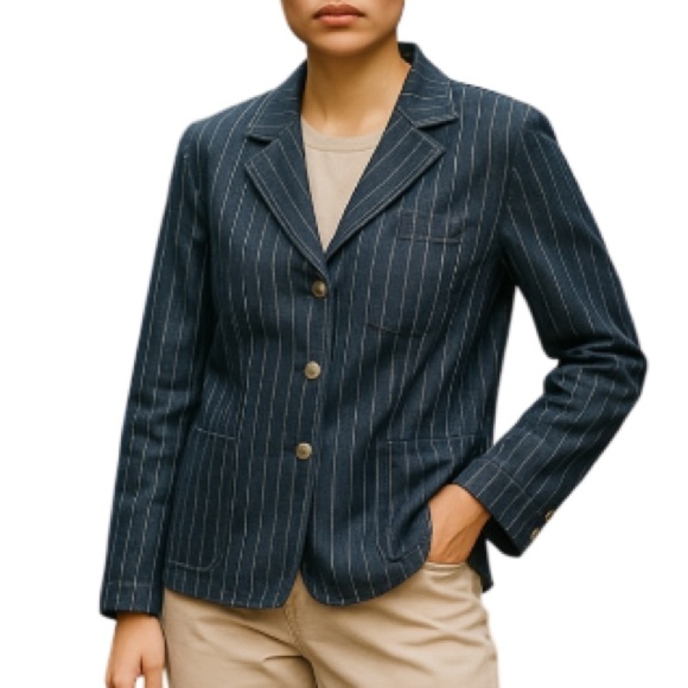 VINTAGE Cotton Ginny Pinstriped Denim Blazer Dark Wash Single Breasted Size XL